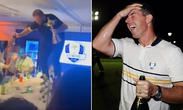 Waking up with a hangover… and a £230,000 bar bill! Europe’s Ryder Cup hero Shane Lowry dances on a table as details of their 120-Champagne bottle party emerge