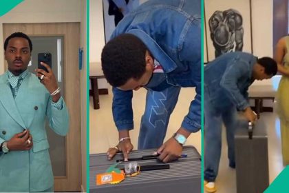 Enioluwa Visits Priscilla’s Baby Rakeem in Tanzania, Fans Question Contents of His Giant Gift Box