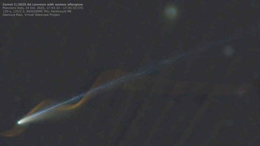 Glowing meteor trail photobombs Comet Lemmon in incredible telescope image