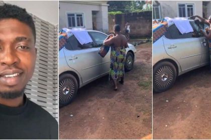“I don tire” – Man cries out as mother turns his car into a clothesline