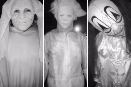 Police hunting Halloween mask-wearing trio seen on doorbell camera making terrifying threats to householders