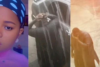 Woman reacts after spotting her husband praying in rain