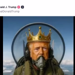 Trump posts AI video of himself flying KING TRUMP jet and bombing protesters with brown liquid