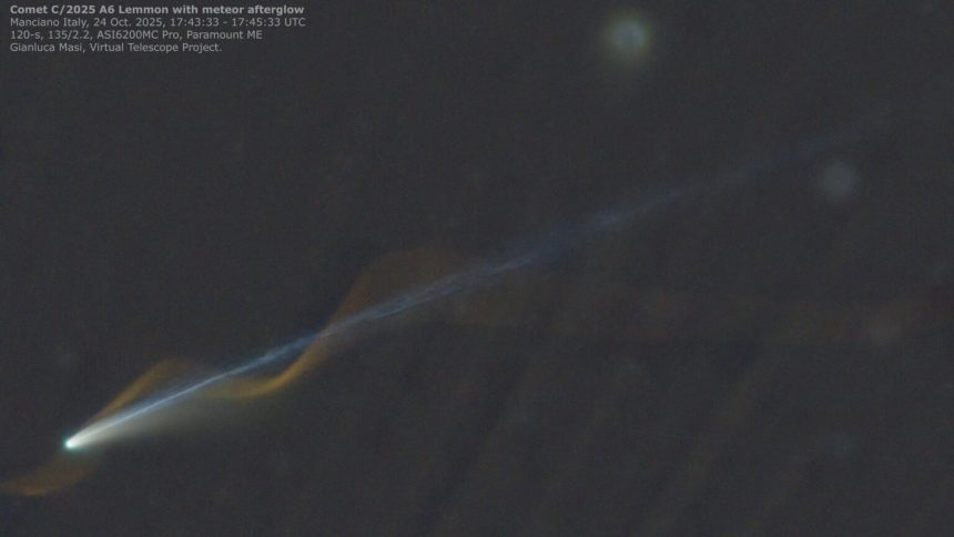 ‘Miracle’ photo captures Comet Lemmon and meteor seemingly entwined over Earth