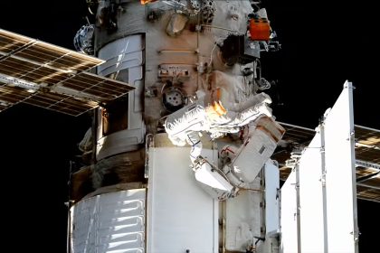 Spacewalking Russian cosmonauts install experiments on the International Space Station