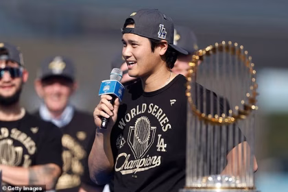 Shohei Ohtani makes rare speech in English as Dodgers star’s wife soaks up the spotlight at World Series parade