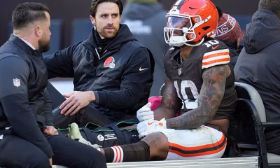 Distressing scenes as Browns rookie Quinshon Judkins suffers sickening leg injury before being carted off
