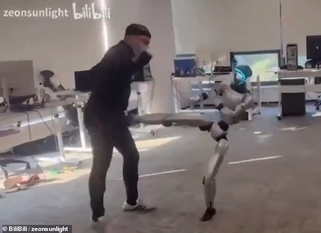 Ouch! Watch the eye-watering moment a man is kicked in the GROIN by a robot mimicking his movements