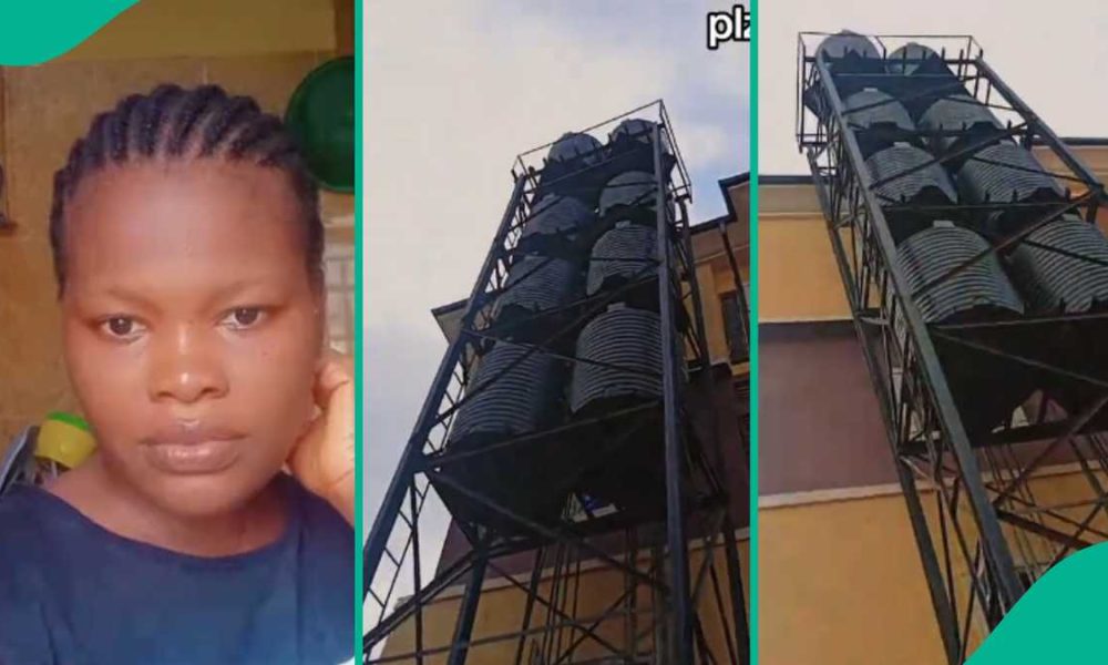 “Is This Not Risky?” Nigerian Lady Asks After Seeing 8 Water Tanks on The Same Platform, Share Video