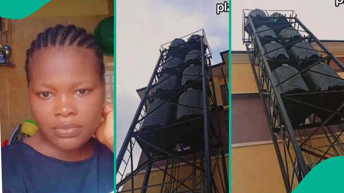“Is This Not Risky?” Nigerian Lady Asks After Seeing 8 Water Tanks on The Same Platform, Share Video
