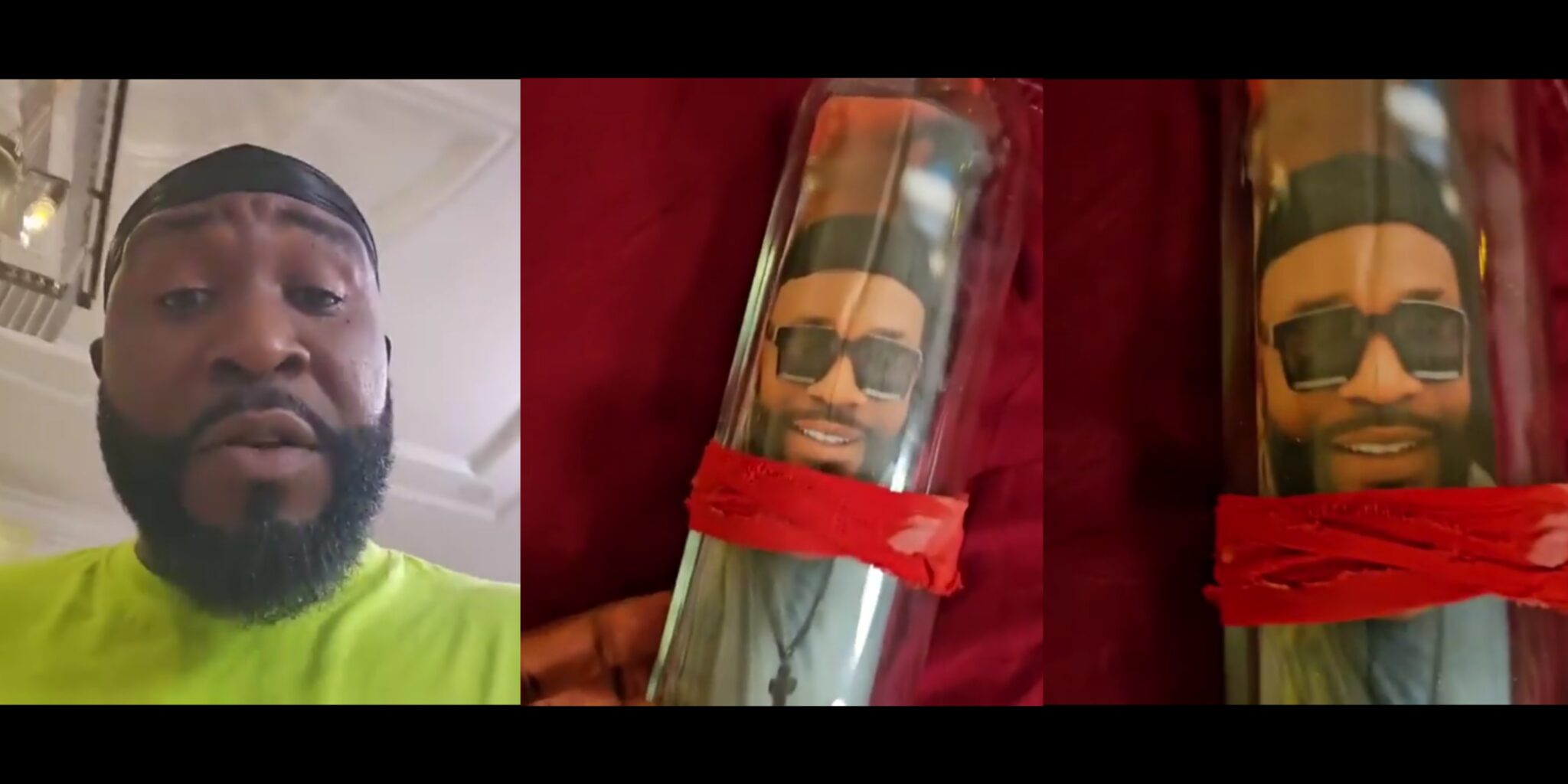 “There’s no limit to what these girls can do to get a man’s attention” — Man in shock as he sees his pictures inside bottles with red cloth