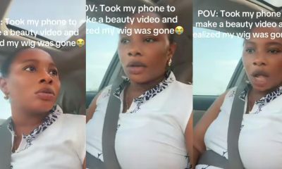 “This is a sign”- Lady in tears as wig goes missing on her head without noticing